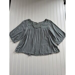 Aeropostale Womens S Blue Boho Peasant Top Ruffle Sleeve Embroidered